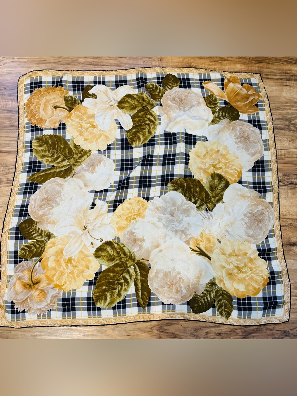 Authentic Vintage Gucci Floral and Plaid Silk Scarf